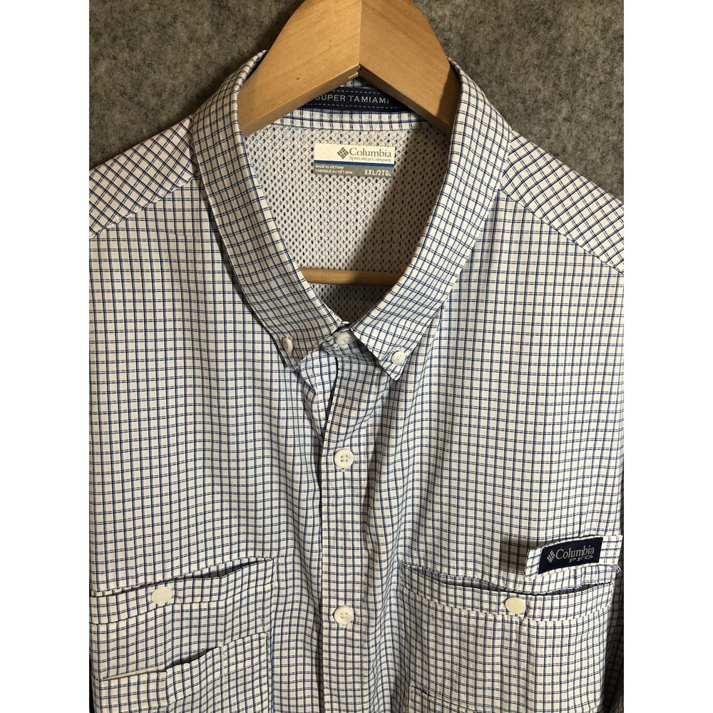 Columbia Shirt Mens 2XL Blue Check PFG Super Tamiami Omni Shade Camp Hike Fish